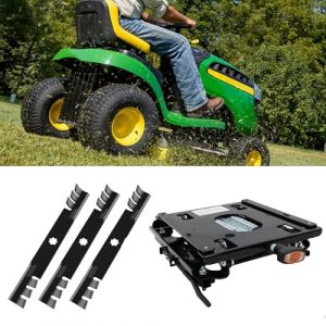 ELITEWILL Seat Suspension for Zero Turn Mower W/Seat Slider and 3pcs Lawn Mower Blades Mower Parts with 48" Deck Fit for John Deere D140 Lawn Tractors D150 D160 D155 Replaces