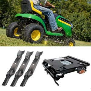 ELITEWILL Seat Suspension for Zero Turn Mower W/Seat Slider and 3Pcs Mower Blades Set Mulching Blade Fit for Most 48 Inch John Deere Lawn Mowers Replaces Lawn Mower Parts