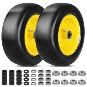 2 PCS 11x4.00-5" Lawn Mower Tires Flat Free,3/4" 5/8" 1/2" Bushing,3.4"-4"-4.5"-5" Centered Hub,Universal Fit Smooth Tread Tire for Zero Turn Lawn Mowers,with Universal Adapter Kit(Yellow Rim)