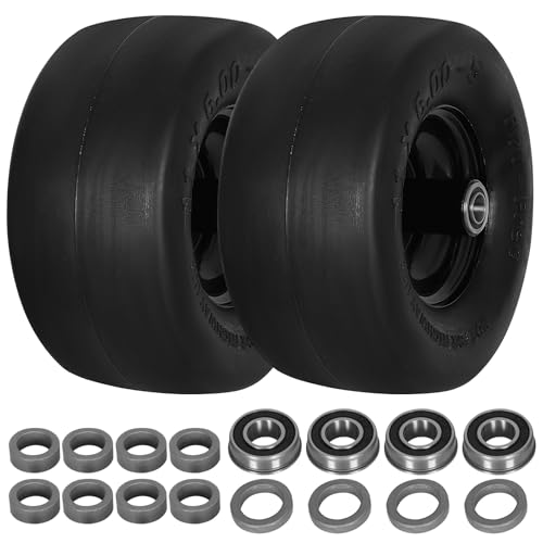 WEIZE Universal Fit 11x6.00-5 Flat Free Lawn Mower Tire with Rim, 5.9"- 8.1" Centered Hub, 5/8" or 3/4" Bearings, 11x6-5 Tractor Turf Tire, 400LB Capacity, Set of 2