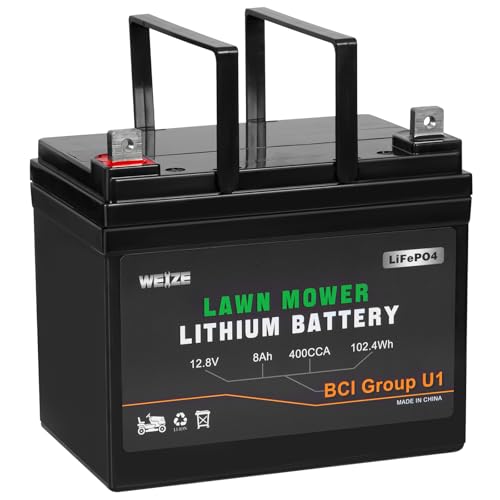 WEIZE 12.8V 8Ah Lithium Battery for Lawn Mower and Tractor, 400CCA BCI Group U1 LiFePO4 Batteries, Compatible with John Deere, Toro, Cub Cadet, and Craftsman